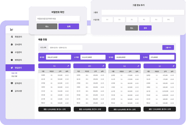 기간별 총매출과 순매출을 자동 계산한 매출 현황 화면